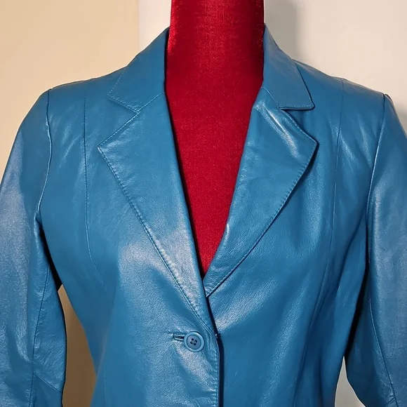 Women's Turquouse Leather Blazer Size 8 - Picture 2 of 6